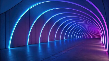 A long tunnel illuminated with neon lights creates a futuristic effect