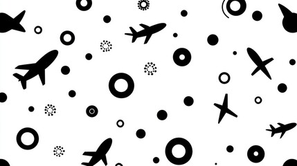Abstract black and white pattern with airplanes and circles.