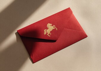 Gold Fire Horse 2026 Emblem Premium Red Envelope — Minimal Overhead Composition with Natural...