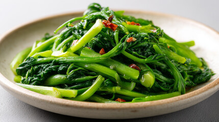 Stir fried morning glory with chili flakes served on ceramic plate, showcasing vibrant green vegetable and fresh texture