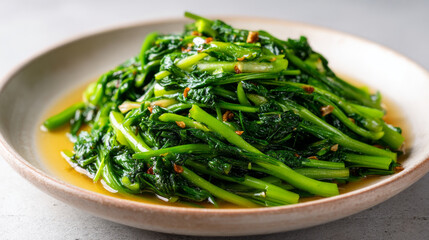 Stir fried morning glory with garlic and chili served on ceramic plate, vibrant green vegetable dish with savory sauce
