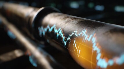 Long pipe with a blue and red line on it. The blue line is the highest point. macro close-up of oil pipeline with finance graph overlay, editorial tone,oil exploration stocks - Powered by Adobe