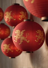 2026 Golden Fire Horse Zodiac Pattern on Modern Red Paper Lanterns, Minimalist Festive Close-Up with Warm Glow, Symbolic Lighting, and Soft Shadow Play in Contemporary Asian-Inspired Style