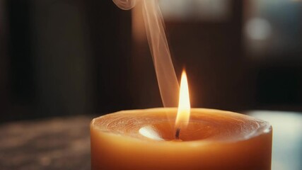 Burning candle with smoke rising in warm indoor lighting   - Powered by Adobe
