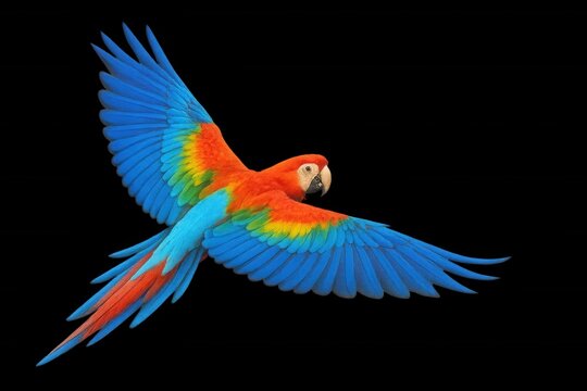 A vibrant parrot soars through the air, its wings spread wide against a stark black background, embodying freedom and beauty