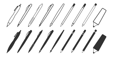 Pen and pencil icon set. Writing and drawing tools. Vector illustration on transparent background.