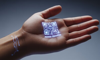 Futuristic human hand displaying a glowing holographic QR code for digital access and security
