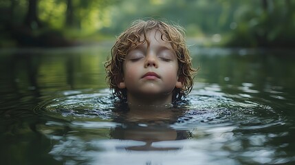 Fototapeta premium A serene child floating in a tranquil pond lost in meditative contemplation