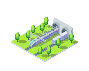 Cartoon Color Train and Railroad Tunnel Electric City Transportation Concept 3d Isometric View. Vector illustration of Freight Wagons