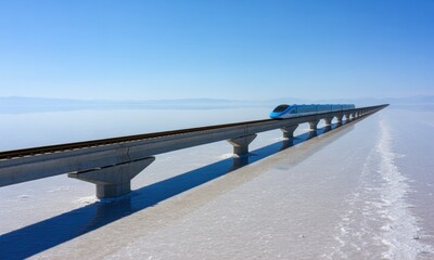 Sleek blue maglev train on elevated track over expansive reflective salt flat