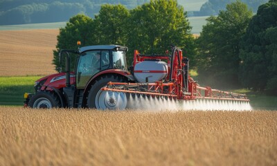 Obraz premium Modern red agricultural tractor with sprayer working in a golden wheat field