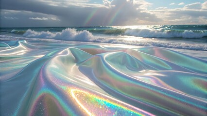 Iridescent fabric on the beach with ocean waves in the background