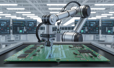 Fototapeta premium Automated robotic arm assembling circuit board in high tech electronics factory