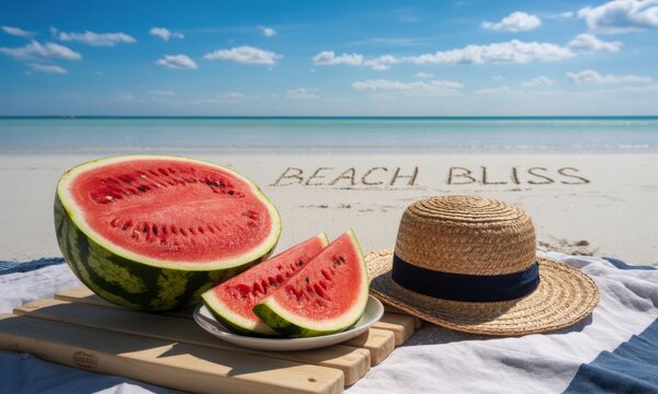 Fresh sliced watermelon and a straw beach hat on a sandy tropical beach with ocean view - Powered by Adobe