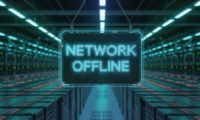 Digital NETWORK OFFLINE warning sign in a modern data center server room