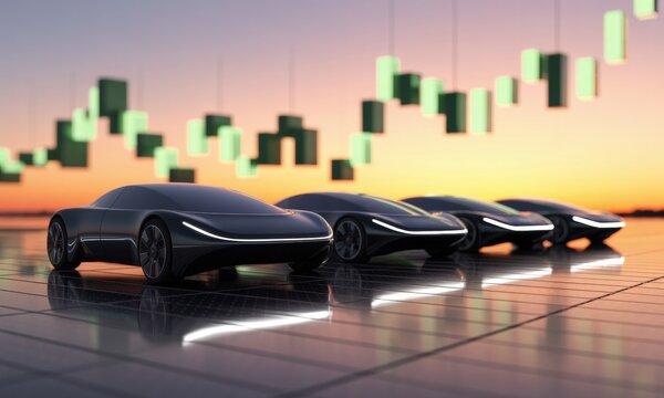 Futuristic electric cars on solar panels with stock market chart at sunset