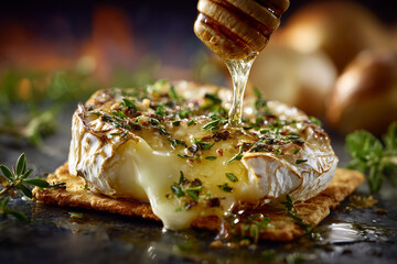 Delicious camembert cheese oozing onto a cracker topped with fresh herbs and honey for a gourmet snack experience
