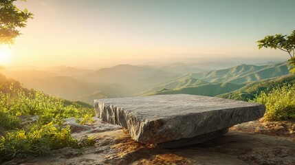 Stone granite table top podium outdoors with mountains sky at sunrise nature landscape background.rock placement pedestal present stand display tropical green forest concept.
