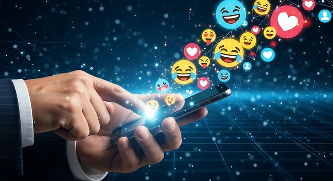 Person using a smartphone with emojis and love reaction floating - Powered by Adobe