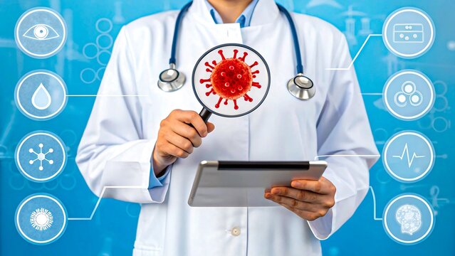 Doctor analyzing virus cell on digital screen with health and medical technology interface
