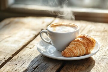 Espresso with croissant on table near window