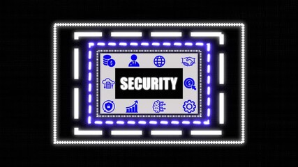 Security concept button on a clear projection, network icon ,Blue holographic advanced rectangle platform glowing dots digital luxurious wave particles flows background. - Powered by Adobe