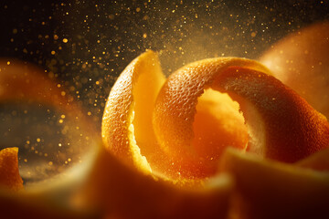 Spiral peel of orange revealing juicy segments under a sparkling light effect