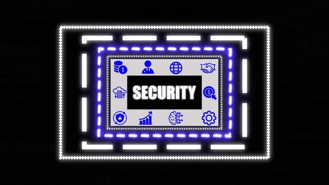 Security concept button on a clear projection, network icon ,Blue holographic advanced rectangle platform glowing dots digital luxurious wave particles flows background. 