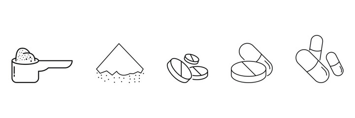 Supplement dosage icon set with powder scoop capsules tablets granules nutrition in outline style clean black vector illustration