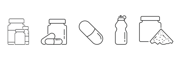 Medical and supplement icon set with capsule jar bottle pill powder pack in outline style minimal black vector illustration.