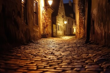Naklejka premium Hazy street corner lit by vintage lamp at night