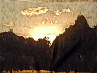 A stunning illustration of a natural landscape. The sun slowly rises from behind the hills, emitting a golden light that illuminates the entire surface of the earth.