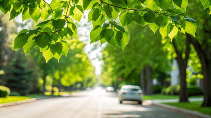 Greenery transportation sustainable smart city. Green leaf tree sunlight road car summer nature outdoor urban peaceful street scene with vibrant. Eco friendly tech, green energy technology