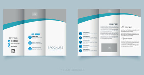Professional and clean trifold brochure template with abstract blue wave design, ideal for business promotion, services, and company profiles. Includes placeholders for text, icons.