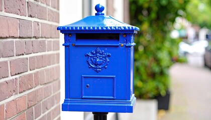 Vibrant blue mailbox against brick wall
