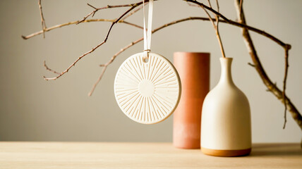 A minimalist still life photograph of a white ceramic circular ornament hanging on a white string against a neutral gray background