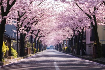 Cherry blossom trees arching over tranquil road