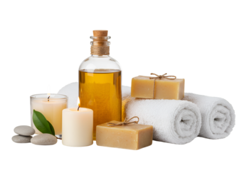 Isolated Spa Still Life with Candles Oil Soap and White Towels Png