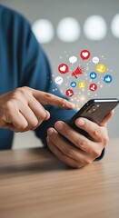 Person using smartphone with social media icons and engagement concepts