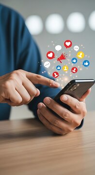 Person using smartphone with social media icons and engagement concepts