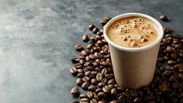 paper coffee cup and coffee beans on the table with copy space for text