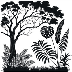 Monochrome Jungle Silhouette Exotic Plant Life Depiction Featuring Tree Ferns and Monstera Plants for a Tropical Aesthetic