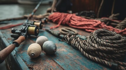 Fishing Rods and Ropes on Boat Deck