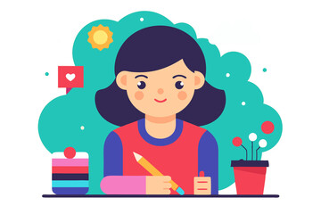 A cheerful girl writes, does her homework, draws in a good mood