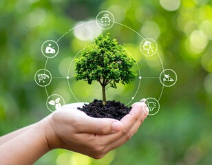 Hand Holding Small Tree with Digital Sustainability Icons – Eco Concept for Environmental Protection and Green Energy