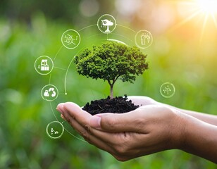 Hand Holding Small Tree with Digital Sustainability Icons – Eco Concept for Environmental Protection and Green Energy