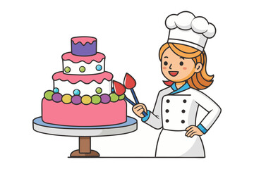 Smiling female chef decorating a multi tiered cake with colorful candies and tools