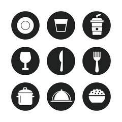 Nine white food-related icons—plate, glass, drink, wineglass, knife, fork, pot, platter, bowl—arranged in a 3x3 grid against black circular backgrounds, creating a minimalist, graphic, and clean aesth