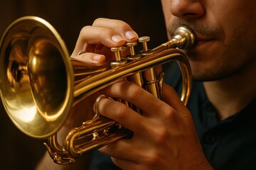 Obraz premium An intimate moment of musical expression captured as a musician deeply immersed in playing his trumpet