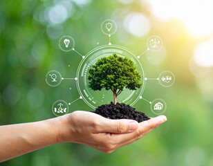 Hand Holding Small Tree with Digital Sustainability Icons – Eco Concept for Environmental Protection and Green Energy
